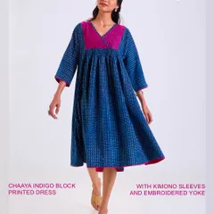 This Chaaya Indigo Block Printed Dress features kimono sleeves and an embroidered yoke. The breezy silhouette and soft cotton fabric make it an easy, comfortable choice for everyday wear.