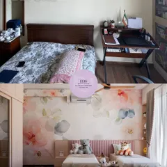 A bedroom should be a retreat. We transformed this space by replacing mismatched furniture with a cohesive design, featuring twin beds, a soft floral wallpaper, and integrated storage to create a serene and dreamy room for children.
