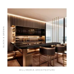 This home bar is designed for sophisticated entertaining, featuring a black marble countertop and gold-accented bar stools. The fluted wood back panel and integrated backlighting create a warm, intimate, and luxurious ambiance.