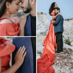 A collage showcasing the drama and romance of a quarry photoshoot. The bride's long, flowing red dress creates a stunning contrast against the pale rocks, while the close-ups capture their intimate connection.