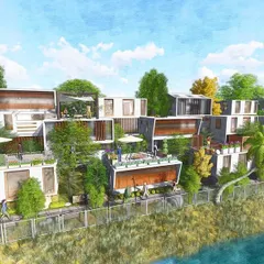 This is a conceptual render for a micro-housing competition. The design explores modular living units with integrated green spaces and shared terraces, addressing the need for sustainable and community-oriented urban housing.