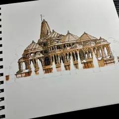 Adding mid-tones and shadows to the Ram Mandir drawing to start building depth and form.