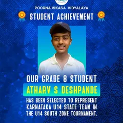 We are thrilled to announce that our Grade 8 student, Atharv S Deshpande, has been selected to represent the Karnataka U14 state team.