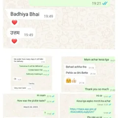 I love hearing from my customers. These messages show their happiness with the authentic taste and timely delivery of their orders. One person even mentioned they received their order the very next day.