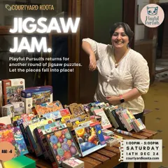 Asma from Playful Pursuits, the puzzle queen who curates our Jigsaw Jam events, stands proudly with her collection of puzzles. Her passion brings joy to our community of puzzlers.