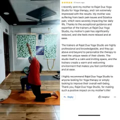 This review from a client's daughter shows the impact of yoga therapy on her mother's back pain and sciatica. It highlights how a personalized, professional, and welcoming environment can lead to significant pain reduction and relaxation.