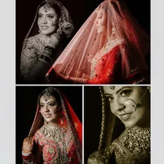 A four-photo collage of the bride, showcasing her expressions in a mix of color and monochrome portraits.