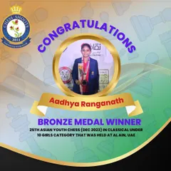 A huge congratulations to our student Aadya Ranganath for winning the Bronze medal for India in the 25th Asian Youth Chess classical under 10 girls category in Al Ain, UAE.