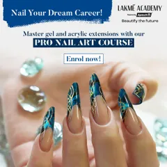 Master gel and acrylic extensions to create dramatic and artistic nail shapes. This design features a striking blue and gold marbled effect on a stiletto nail, a technique covered in our advanced nail art program.