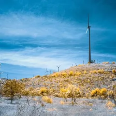 A windmill on a hill, photographed in infrared. The vegetation appears white and yellow against a dramatic dark blue sky, creating a stark and surreal image.