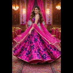 Feel the energy in this vibrant pink and purple lehenga, perfect for a sangeet or mehendi night. The full, flowy skirt is made for dancing, and the unique color combination with sparkling details will make you the center of attention.
