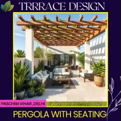 A beautiful example of a pergola with seating we designed for a client in Paschim Vihar, Delhi. The wooden structure adds warmth, while the surrounding greenery creates a private and refreshing outdoor living room.