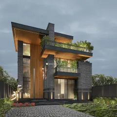 A view of a rustic farmhouse featuring a monochrome palette of dark brick and wood. The design incorporates tiered balconies with greenery, creating a strong connection between the structure and its natural surroundings.