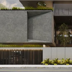 The 'House of Courtyards' features a facade that integrates dark concrete textures with vertical wooden slats. This material contrast provides visual depth and responds to the climate by creating shaded, semi-enclosed spaces.