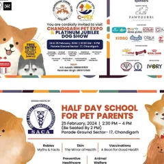 Education for pet parents is a core part of our mission. This poster announces a 'Half Day School for Pet Parents' covering essential topics like preventive healthcare, skin health, and animal welfare.
