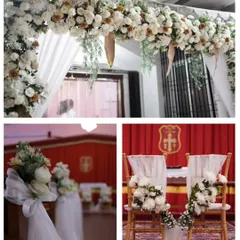 A collage of the delicate floral details from Roshan and Ria's church wedding. We used a classic white and green palette for the entrance arch, pew decorations, and the couple's chair arrangements, creating a cohesive and elegant look.