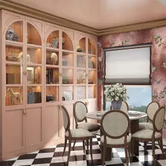 A luxurious dining room concept for a Kolkata project. This design features a classic black-and-white checkered floor, a round marble table, and a stunning pink arched crockery cabinet.