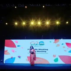 On stage for the G20 First Health Working Group Meeting in Thiruvananthapuram, Kerala. Hosting these critical working groups involves setting a professional tone for important global discussions.