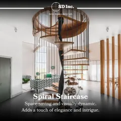 A spiral staircase is a beautiful solution for saving space while adding a dynamic, sculptural element to an interior. This example uses wood and steel for a modern, elegant look.