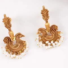 I love incorporating traditional motifs, like these peacock earrings. Crafted in an antique gold tone, the peacocks are detailed with intricate carvings and finished with a fringe of delicate pearls.