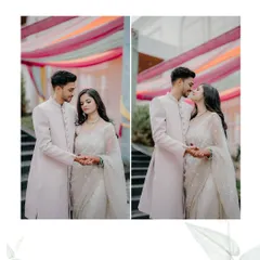 A diptych showing the couple's elegant connection. On the left, a formal pose, and on the right, a sweet, almost-kiss, capturing both poise and affection.