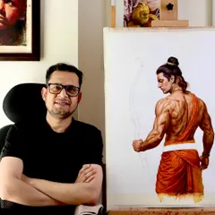 A work-in-progress moment with my painting of Shree Ram. Art is a process of becoming, and here you can see the figure emerging, full of power and serenity, even before it is complete. Jai Shree Ram.