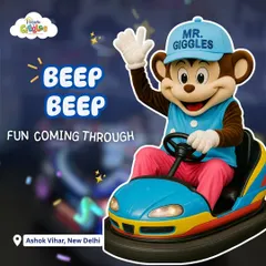 Beep beep, fun coming through! Mr. Giggles is always on the move, whether he's dancing or zooming around in a bumper car. His playful presence is a key part of the House of Giggles experience.