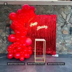 A bold and dramatic statement with a monochrome red balloon garland against a red foil curtain, complete with a "Happy Birthday" neon sign.