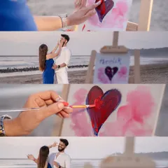 We incorporated a fun painting activity into this beach shoot. This collage shows the couple's playful interaction and the creative details that made their session unique and personal.