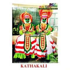 Two of our Kathakali artists in full costume and intricate green-faced makeup, known as 'Pacha'. This classical dance-drama from Kerala is known for its elaborate and symbolic presentation.