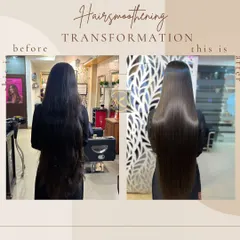 Another powerful before and after of a hair smoothening treatment. This result shows the transformation from unruly hair to perfectly sleek, long, and healthy-looking locks.