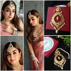 A gorgeous client styled in our Jadau Maang Tikka. It’s the perfect accessory to complete her wedding guest look, pairing beautifully with her choker and bangles.
