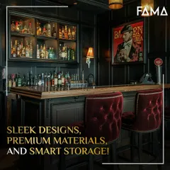 For a timeless, classic feel, I designed this speakeasy style bar. It features dark wood paneling, a built-in liquor cabinet with glass doors, and plush, tufted velvet bar stools. This setup is all about creating a moody, intimate space for conversation.