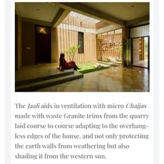 The 'jaali' screen, made from waste granite trims, aids in ventilation and shades the earth walls from the western sun. This feature is a functional element that also adds a delicate, patterned texture to the facade.