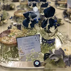 A close-up of the Evil Eye hamper, focusing on the personalized announcement for 'Akaay Kapoor'. The deep blue and silver elements create a striking and meaningful gift to celebrate a new arrival.