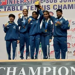 Teamwork makes the dream work. Our Under-15 girls team, including our player Swara Jangade, celebrates their gold medal victory for Team Maharashtra at the Cadet & Sub Junior National Championship, showcasing the strength of our youth development program.