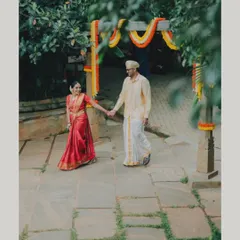 A quiet walk together before the ceremony begins. These are the moments that build the story of your wedding day, showing the connection between the couple in their beautiful traditional attire.