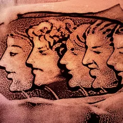 Titled 'People may laugh', this sand painting shows a series of faces, each with a different expression. It reflects on the journey of an idea and the different reactions it might receive.