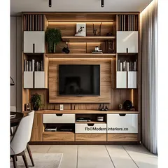 This sleek TV unit combines natural wood with crisp white cabinets for a modern and airy feel. The asymmetrical shelving and integrated lighting create a stylish focal point in the living room.