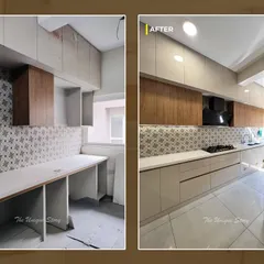 A powerful before-and-after of a kitchen transformation. We took a basic, unfinished space and created a modern, functional kitchen with custom two-tone cabinetry, a beautiful patterned backsplash, and a streamlined layout.
