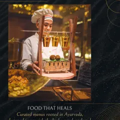 Food that heals. A chef prepares a curated dish rooted in Ayurveda, designed to nourish the body, mind, and soul. The unique serving apparatus adds a touch of modern luxury to this ancient practice.