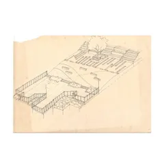 An early concept sketch for a public commons within a housing project. This drawing explores how to create a serene deck that extends over a water catchment zone, blending the built environment with natural water features.
