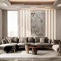 This photorealistic render showcases a luxurious and modern living room design. We focused on creating a sophisticated ambiance with a neutral color palette, layered lighting, and a statement art piece, perfect for apartments and villas.