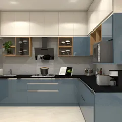 A sleek L-shaped design in a calming dusty blue, paired with white overhead cabinets and open wooden shelving. The layout ensures all major appliances, including the microwave, are within easy reach for a smooth workflow.