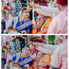 A sequence of photos capturing a traditional blessing ritual during a Maharashtrian wedding, with the bride's happy reactions.