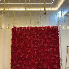 Another view of the completed red rose wall, ready to be the centerpiece of a 'shadi wala ghar'.