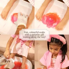 The Kids Pedicure includes fun, colorful soaks and even a surprise gift. This collage shows the joy and excitement of the experience, from the bubbly foot bath to the final treat.