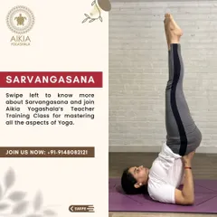 An introduction to Sarvangasana, the "Queen of Asanas." This graphic invites you to learn more about its many benefits and how to master it in our TTC.