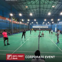 This is what a corporate event should feel like. Multiple courts buzzing with energy at our Tirang Sports Arena during an event for IDFC First Bank. I handle everything to get your team active, engaged, and bonding over the game.