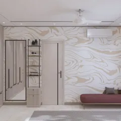 This bedroom design uses a striking marble-patterned wallpaper as a feature. The clean lines of the wardrobe and the simple, modern shelving unit are balanced by the bold pattern and a pop of color from the burgundy bench.